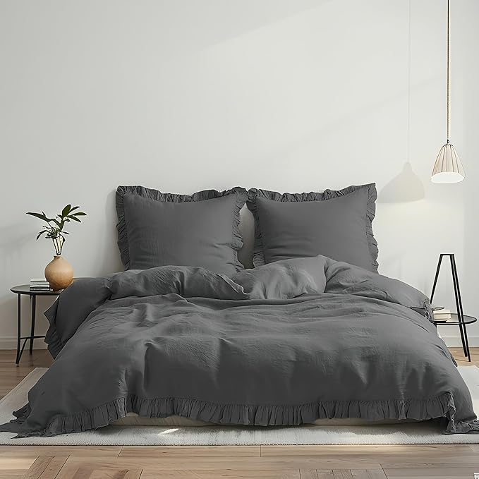 Simple&Opulence 100% Linen Duvet Cover Set, 3 PCS Natural French Flax Dark Grey Ruffle Duvet Cover Queen Size, Breathable Comfy Linen Bedding Comforter Cover with 2 Pillowcases (Dark Grey, 88" X 92")