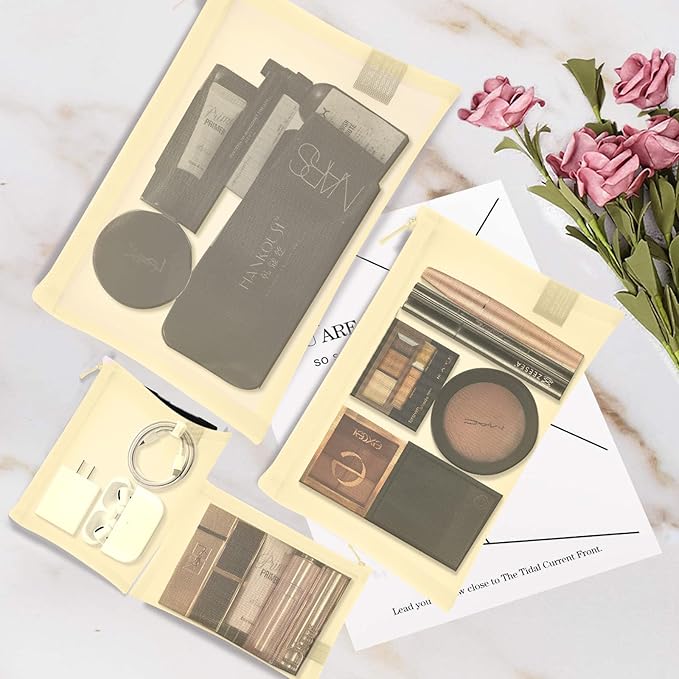 EASYFUN Mesh Pouch, Make up Bag with Zipper Cosmetic Organizer Pouch for Daily or Travel to Keep Small Items, 4 PCS Champagne