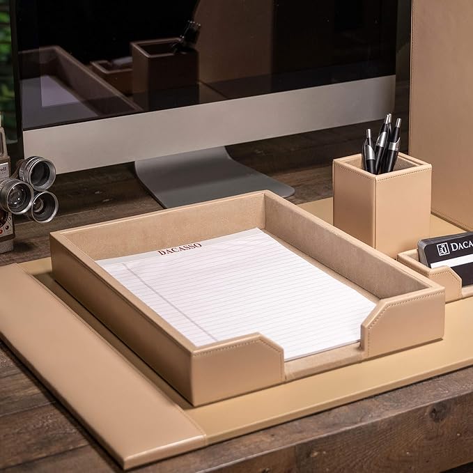 DACASSO Bonded Leather Desktop Letter Tray - Luxury Letter Holder & Paper Organizer for Desk - Office Organization & Executive Desk Decor - (White Latte)