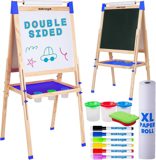 Blue Squid Art Easel for Kids - Dual-Sided Adjustable Wooden Painting Easels, Ideal Christmas Gift for Toddlers and Kid - with Magnetic Chalk Board, White Board & Paper Roll, Includes Accessories