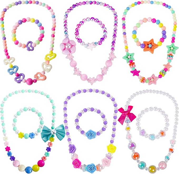 BigOtters Little Girls Necklace Bracelet, 6 Sets Lovely Colorful Beads Jewelry Princess Dress up for Toddlers Pretend Play Party Costume，Easter Eggs Stuffers Kids Easter Gift