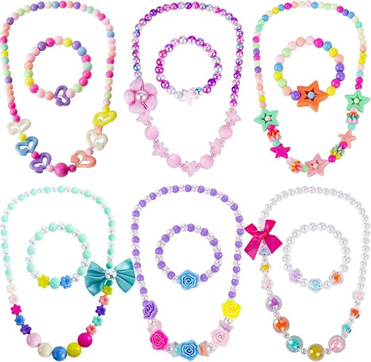 BigOtters Little Girls Necklace Bracelet, 6 Sets Lovely Colorful Beads Jewelry Princess Dress up for Toddlers Pretend Play Party Costume，Easter Eggs Stuffers Kids Easter Gift