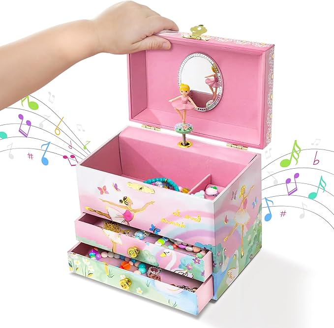 Jewelkeeper Jewelry Box for Girls - Spinning Ballerina Doll to Swan Lake Tune Music Box - Pink Jewelry Box for Girls with 2 Drawers - Ideal for Storing Necklaces and Bracelets - 7Lx5Hx6W Inches