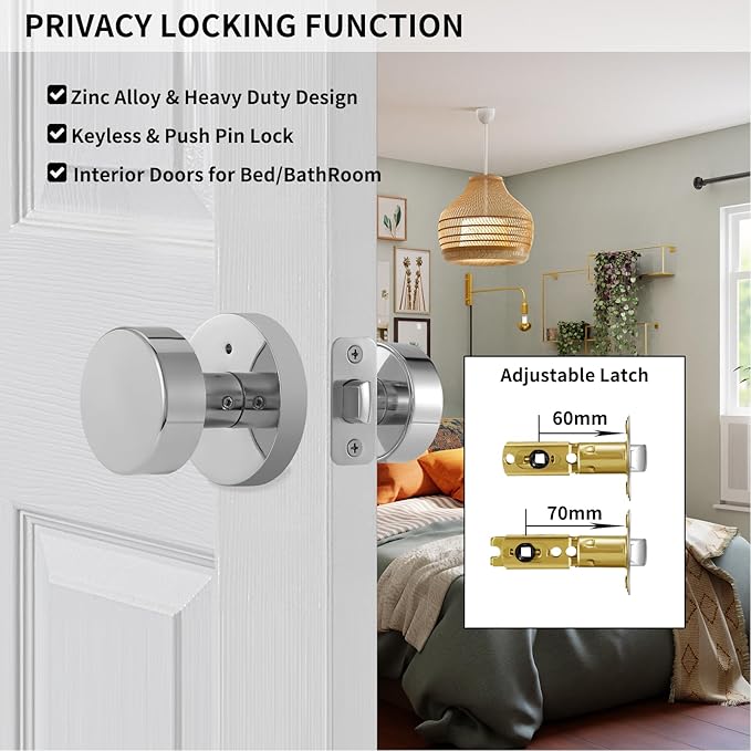 Polished Chrome Door Knobs Interior, Polished Chrome Privacy Door Knob with Lock, Heavy Duty Round Modern Door Handle for Bedroom Bathroom