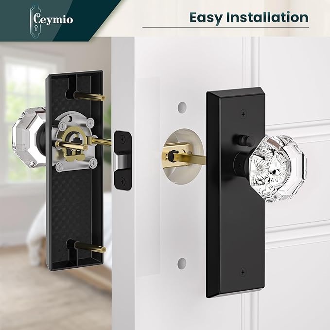 Glass Door Knobs for Interior Doors - Vintage Crystal Privacy Bedroom & Bathroom Door Knob with Lock - Diamond Cut Door Handle - Matte Black Finish (1 Pack)