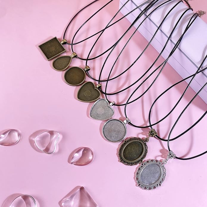 Bezel Pendant Trays Gold and Sliver, Rhinestone Bezel Pendants Trays for DIY Jewelry Craft Making, Picture Necklace Pendant Trays with Clear Glass Cabochons and Chains