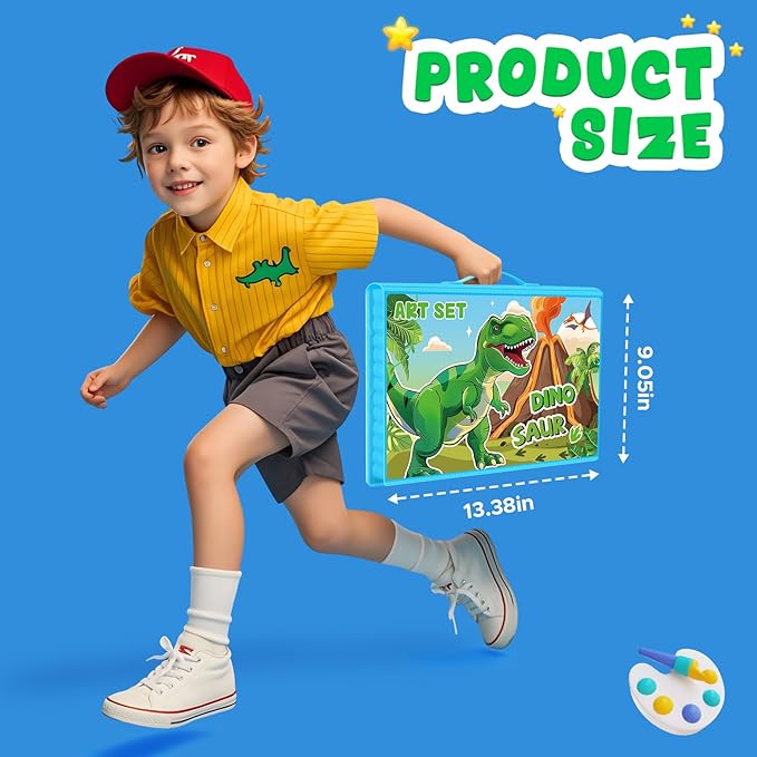homicozy Art Supplies, Dinosaur Drawing & Coloring Set with Crayons, Colored Pencils, Markers, Sketchbook, Watercolor Cakes, Stencils, Arts and Crafts Painting Kit for Kids Ages 4-10, Girls Boys Gift