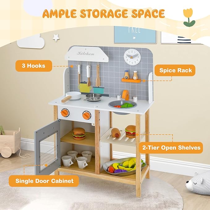 HONEY JOY Kids Kitchen Playset, Toddler Wooden Play Kitchen Set w/Sink, Stove & Oven, Cooking Accessories, Large Storage Cabinet, Little Chef Pretend Play Toy Kitchen Set, Gift for Boys Girls, Gray