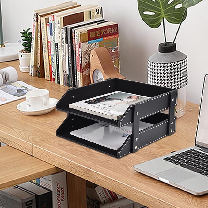 XNONE Leather Desk Organizer,2-Tier Stackable Letter Tray Holder,Office Supplies Desktop Storage Box for Document,Stationery,Magazines,Newspapers,Letters and Other Home Office Paper Sundries,Black
