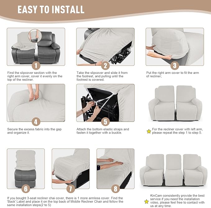 KinCam Recliner Covers, Stretch Reclining Chair Covers, Recliner Sofa Slipcovers Stripe Jacquard Recliner Couch Covers Furniture Protector Covers for Pet Kid (3 Seater, Cream)