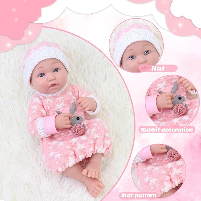 14 Inch Baby Doll with Clothes and Accessories Set, 12 Pcs Baby Doll Reborn Clothes and Accessories Include Alive Doll Clothes,Hat,Soft Doll Shoes and Socks,Ringing Toy,Bracelet,Feeding Bottle