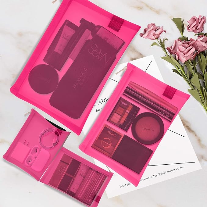 EASYFUN Mesh Pouch, Make up Bag with Zipper Cosmetic Organizer Pouch for Daily or Travel to Keep Small Items, 4 PCS Rose red