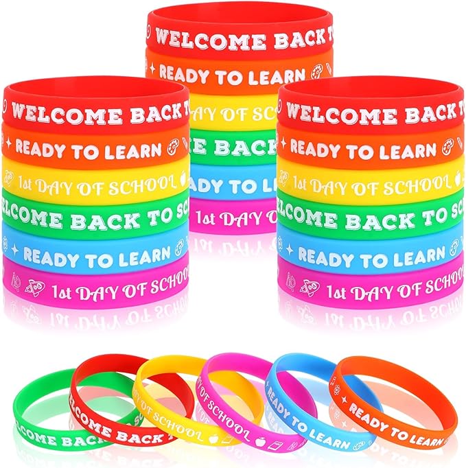 JUNEBRUSHS 42pcs Back to School Party Favors Silicone Bracelets First Day of School Gifts Prize Rubber Wristbands Supplies for School Decorations Accessories Goodie Stuffers Fillers(6 Designs)