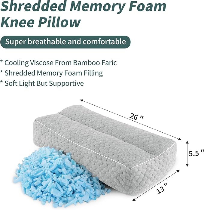 HOMBYS Shredded Memory Foam Knee Pillow for Side Sleepers, 5.5" Height Pillow Between Legs Spine & Relieves Pressure Hip & Leg Elevation, Supportive Pillow for Pregnancy, Sciatica,Light Grey