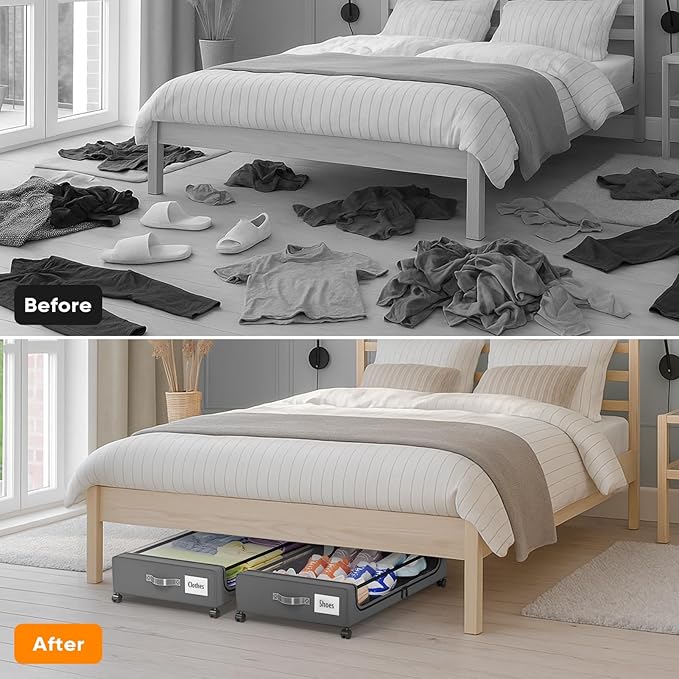 Camkey® Under Bed Storage with 360° Wheels, 2-Pack, 60L Low-Profile Rolling Underbed Bins for Clothes, Shoes, Toys & Books — Easy Pull-Out, Dust Protection, Space-Saving Organizer for Bedroom/Dorm