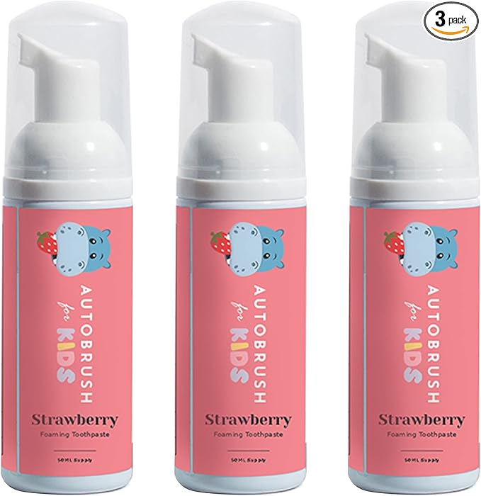 autobrush Kids Fluoride-Free Foaming Toothpaste Strawberry Flavor for Electric or U-Shaped Toothbrush, SLS-Free, Training Toothpaste, Anti-Cavity (3 Pack)