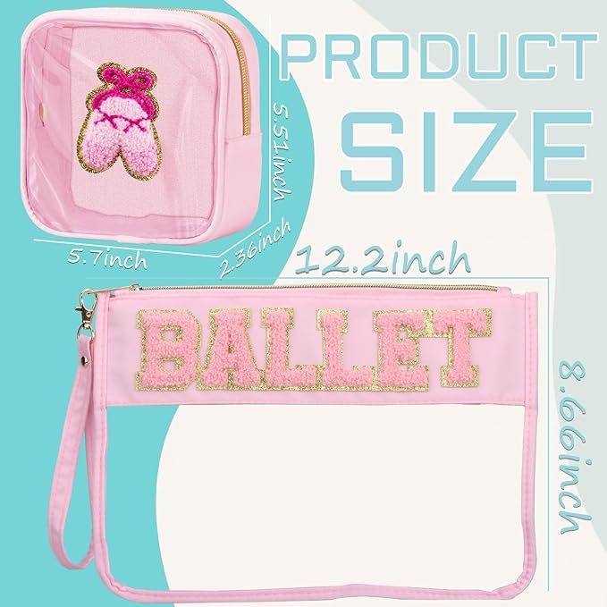 BuyCard 2 Pcs Ballet Gifts Cosmetic Makeup Bag with Chenille Letter Patch, Clear Pouch PVC Organizer Purse, Waterproof Travel Bag, Portable Toiletry Storage Bag for Her Girls Friends Women