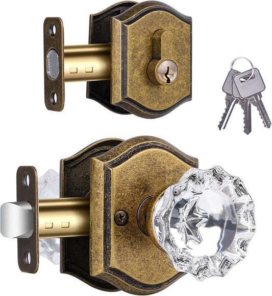 Crystal Glass Passage Door Knob and Single Cylinder Deadbolt Combo Set, Antique Brass Finish