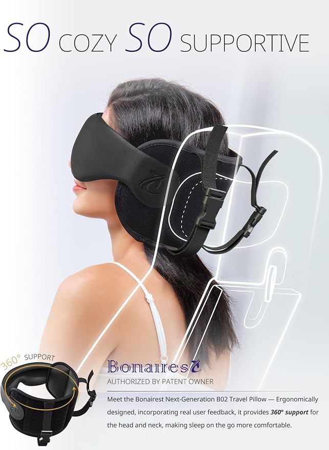 Bonairest Travel Pillow, Airplane Neck Pillow with 3D Eye Mask for Sleeping, Round Edge Plane Head Strap 360°Headrest Support for Long Flight, Stop Bobblehead, Travel Essential for Car Road Trip Black