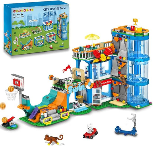 HOGOKIDS City Sports Gym Building Set - 8 in 1 Friend Sports Center Football Basketball Climbing Swimming Boxing Shooting Skateboard Building Block Kit Games Toy Birthday Gift for Kids Girls Boys 6+