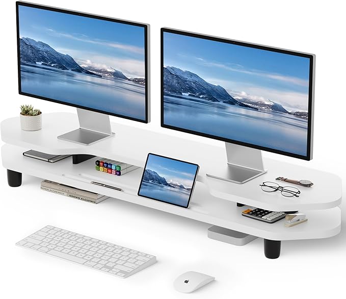 AFOOYO 2 Tier Dual Monitor Stand Riser,Wider Board Computer Monitor Stand for 2 Monitors,Slot For Phone/Tablet Office Desktop Organizer for Laptop,PC,Computer,Printer,White