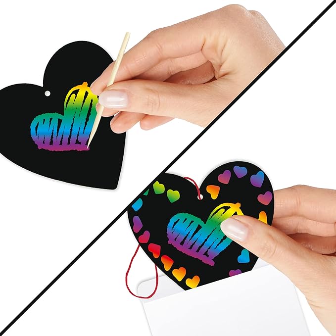 ArtCreativity 48 Pack Scratch Off Valentine Cards for Kids Classroom, Set of 48 Valentine Kids Cards Ink-Free Scratch Off Hearts with Scratch Sticks, Red String, and Envelopes, Valentines Kids Crafts