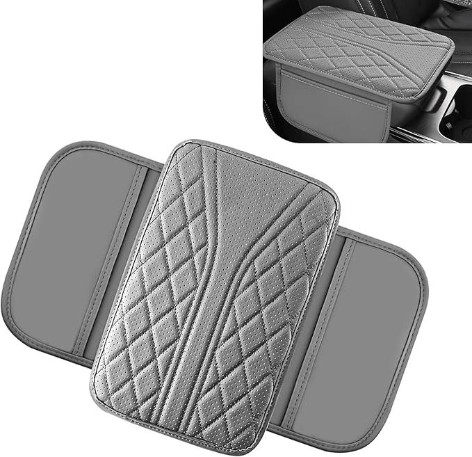 Bawkars Car Center Console Cover, Leather Vehicle Armrest Protector Cushion with 2 Side Storage Bags, Auto Breathable Middle Interior Accessories, Universal for SUV, Sedan, Truck (Gray)