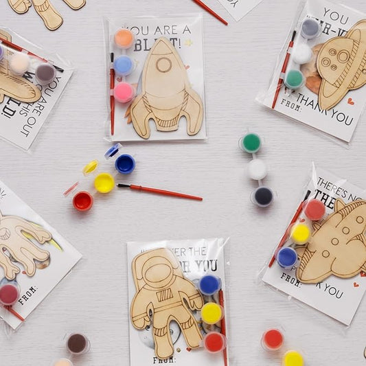 GEECOZYLIFE Thank You for Coming Gifts for Kids - 24 PCS Space Cards with Art Supplies - Space Wood Painting Craft Kits - Kids Christmas Birthday Boys Girls Gifts Bulk - Space Party Favors