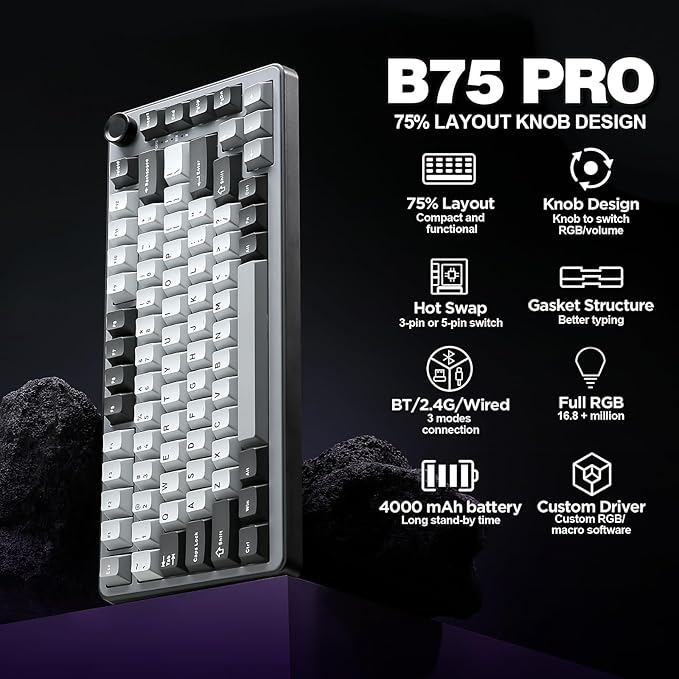 YUNZII B75 PRO Wireless Mechanical Keyboard,75% Layout with Knob,Hot Swap Gasket Custom Structure,Creamy Pre-lubed Switches,RGB Backlit,BT/Type-C/2.4G for Win/Mac(Cocoa Cream V2 Switch,Dark Grey)
