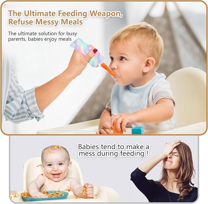 Silicone Spoon Attachment for Baby Food Pouch with On-the-Go Cases - Includes 2 Squeeze Pouch Topper Attachments (White-orange)