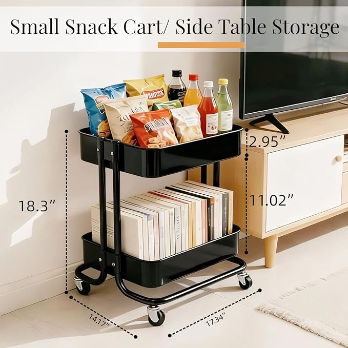 LiWNYRK 2 Tier Cart with Wheels Heavy Duty Metal Rolling Storage Cart for Under Desk Storage, Short Small Utility Shelf for Pantry Kitchen Bathroom Laundry, Home Organizer with Large Basket, Black