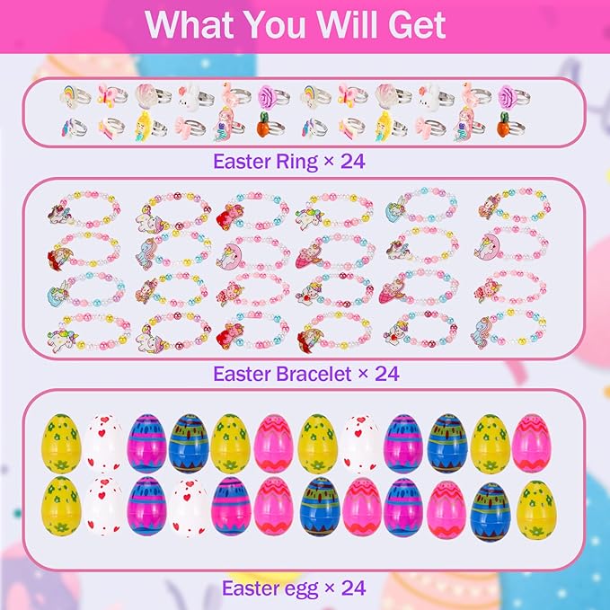 Atonofun 24 Pack Prefilled Easter Eggs with Pretend Girls Jewelry Surprise Toys, Easter Egg Filled with Bracelets Rings for Easter Basket Stuffer, Easter Egg Hunt, Decorations Dress Kit
