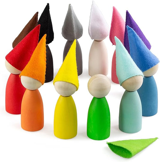 Ulanik Large Peg Dolls with Hats Toddler Montessori Toys for 3 Year Old + Kids Wooden Waldorf Dolls for Learning Color Sorting and Counting — 12 Gnomes, 3.35 in
