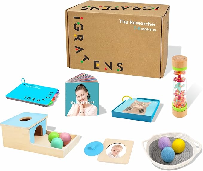 Montessori Toys for Babies 7-8 Months, Wooden Montessori Toys, Includes Object Permanence Box, Balls, Rainmaker, Peek-a-Zoo Puzzle, Texture Cards, First Signs, Play Guide, Treasures Basket