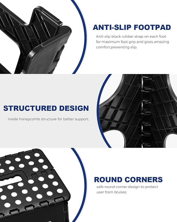 ACKO Folding Step Stool Foldable Step Stools for Kids and Adults 11 Inch Foot Stool Black Plastic Step Stool with Portable Handle Small Stool Hold up to 300lbs for Bathroom,Bedroom, Kitchen 1PC