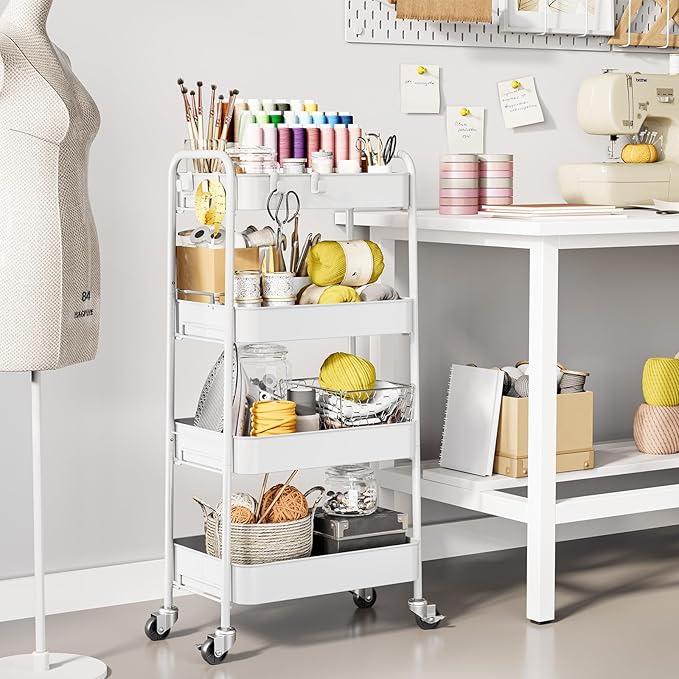 TOOLF 4-Tier Metal Rolling Cart with Wheels, Storage Utility Organizer Cart for Kitchen, Bathroom, Office, Baby Essentials & Makeup - Lockable Casters, Easy Assembly, Large Capacity, White