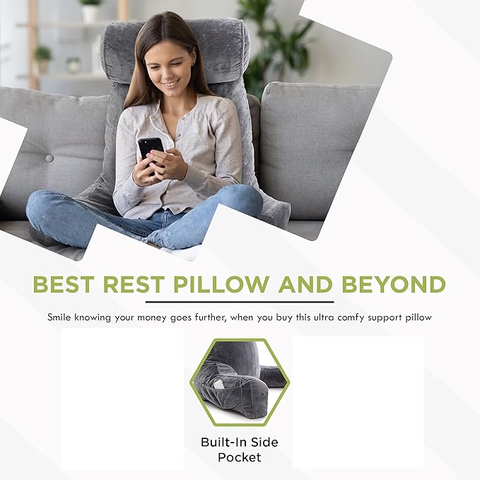 ZIRAKI Reading Pillow Extra Large - Sitting Relax Backrest for Bed or Chair with Support Arms, Shredded Memory Foam Back Rest for Gaming Reading, Relaxing, Watching TV