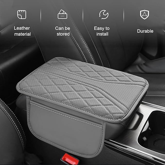 Arwrilt Car Center Console Cover, Leather Automotive Armrest Cushion with 2 Storage Bags, Breathable Armrest Cover, Universal Waterproof Arm Rest Protection Pad for SUV, Sedan, Truck (Gray)