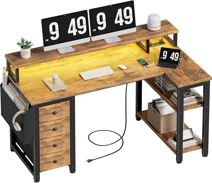 Lufeiya L Shaped Gaming Desk with Led Lights and Power Outlets, 47 Inch Corner Home Office Desk with Monitor Stand Shelves, Writing Study Computer Desks with Fabric Drawers for Bedroom, Rustic Brown