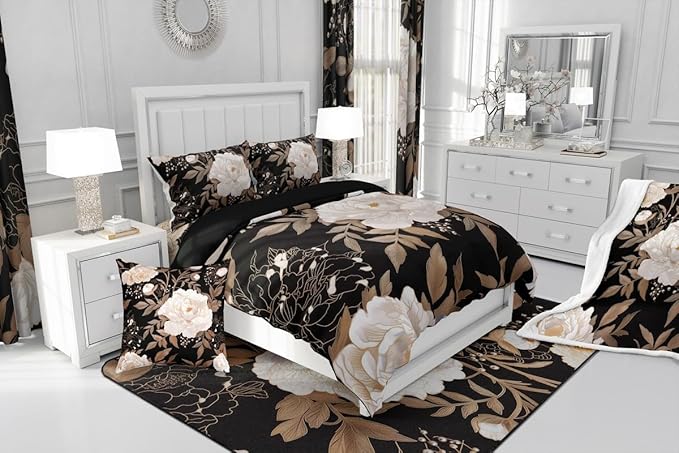 Feelyou Kids Adult Vintage Floral Bedding Set Queen Size，Black Duvet Cover Flower Gold Leaf Plant Pattern Comforter Cover Microfiber Bedspread Cover for Bedroom Decor,No Comforter