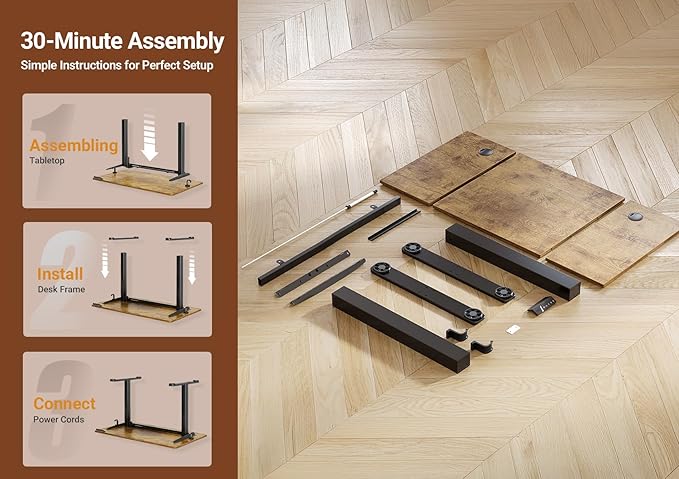 Seang Electric Height Adjustable Standing Desk, 55 x 24 Inch Sit Stand Desk with T-Shaped Frame, 3 Memory Presets & Cable Management for Home Office Computer Workstation, Black Frame/Rustic Brown Top