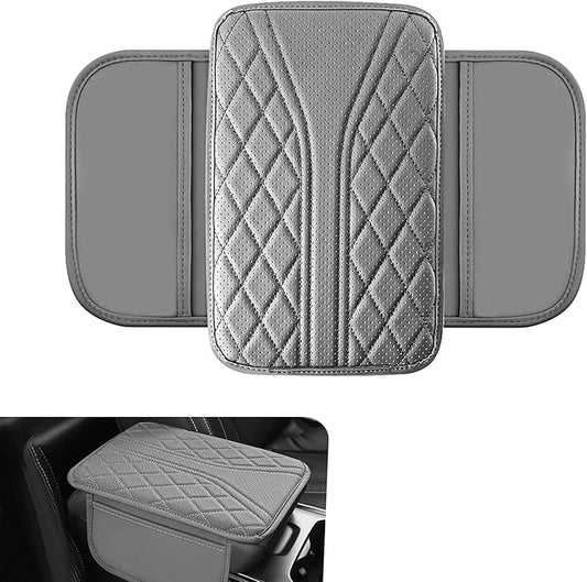 Arwrilt Car Center Console Cover, Leather Automotive Armrest Cushion with 2 Storage Bags, Breathable Armrest Cover, Universal Waterproof Arm Rest Protection Pad for SUV, Sedan, Truck (Gray)