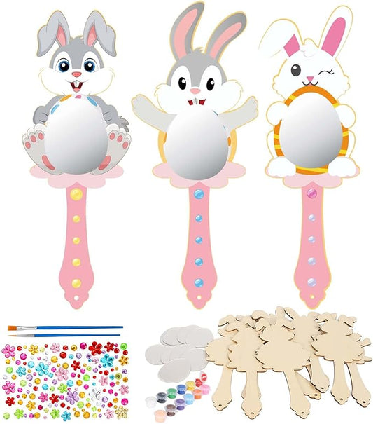 Fennoral 9 Pack Wooden Easter Bunny Craft for Kids Decorate You Own Bunny Mirrors for Girls DIY Paint Hand Mirror for Easter Art Activities Spring Easter Gifts