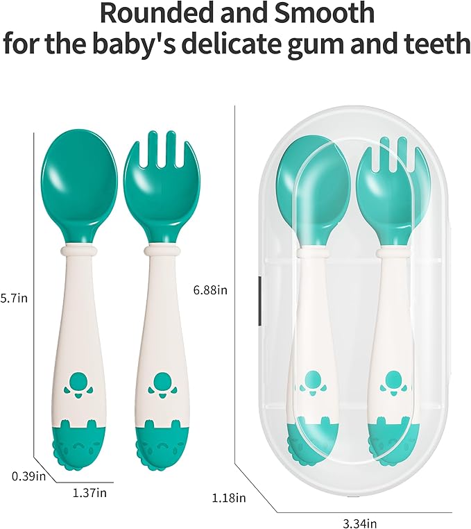 Deejoy Toddler Utensils with Travel Safe Case, Silicone Baby Spoons and Fork Set for Self Feeding, Toddlers Feeding Training Spoon, Easy Grip Heat-Resistant, Bendable Function (2 Sets, Green&Pink)