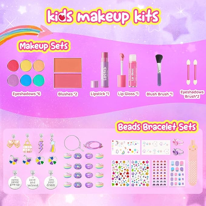 Kids Makeup & Jewelry Kit for Girls - Washable Real Cosmetics Set with Bracelet-Making for Children Toddler, Princess Dress-Up Toy, Ideal Winter Birthday Gift for 4-12 Year Olds (Pink)