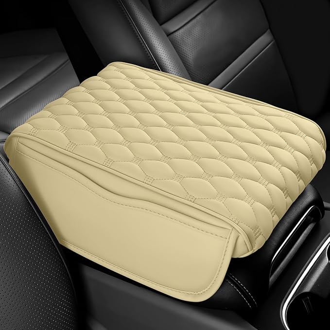 wuyaoyao Car Center Console Cover, 12.13"×8.66"×3.74" Leather Car Armrest Cover with with 2 Side Pockets, Memory Foam Soft Auto Armrest Cushion Pad, Universal Vehicle Arm Rest Protector (Beige)