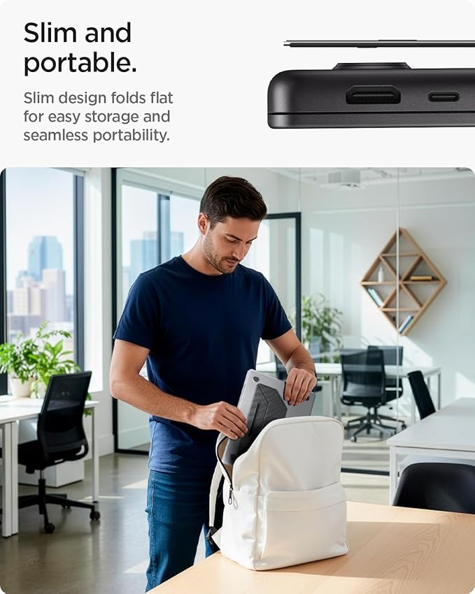 Spigen Slim Fold Adhesive Laptop Stand Foldable Portable Dual Ergonomic Angle Adjustment Lift Anti-Slip Compatible with MacBook Pro, MacBook Air 11"-16" and More - Black (LD201-S3)