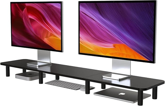 WEGASTU 43.7" Extra Long Dual Monitor Stand Riser, Wood & Steel Monitor Stand for 2 Monitors, Wide TV Stand, Desktop Riser for Desk Organization, Home Office，Laptop,Printer,TV (Black)