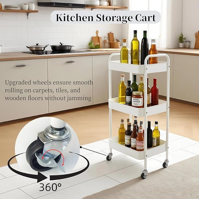 LIWNYRK Metal 3 Tier Rolling Cart with Wheels for Kitchen Storage & Laundry Room Organization, Bedside Cart with Handle and 4 Hooks, Versatile Large Capacity Art & Craft Storage Organizer, White