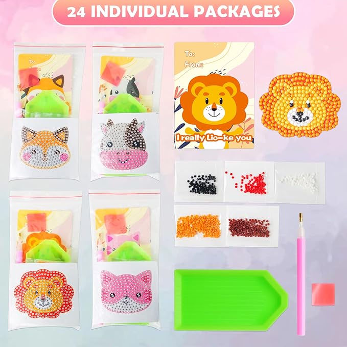 24 Pack Kid's Valentine's Day Cards with 5D Diamond Sticker Kits For Kids, Painting Craft Gift for Girls and Boys School Valentine Exchange Gift, Valentine's Party Favors Supplies & Art Activity